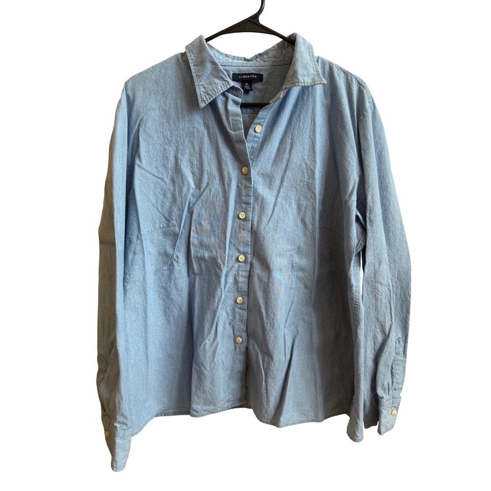 Lands End Womens XL Light Blue 100% Cotton Chambray Button Down Shirt 18-20